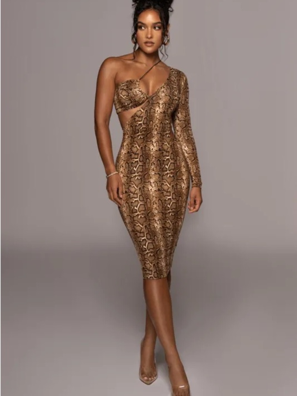 NWOT JLuxLabel Rule Breaker One-Shoulder Brown Snake-Print Cutout Dress
